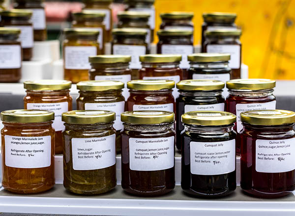 Rows of jams and preserves at the markets