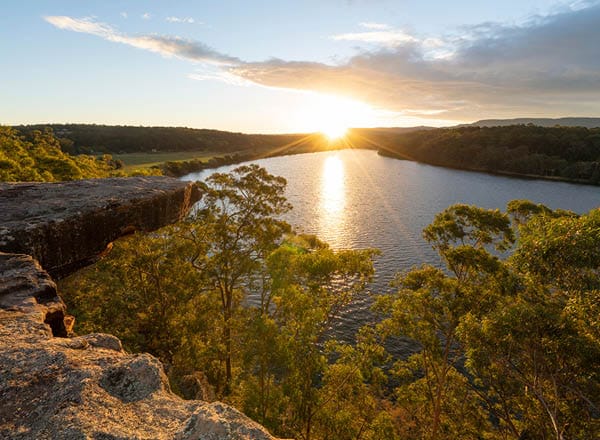 Sun setting over Hanging Rock Lookout and the Shoalhaven River, Nowra.